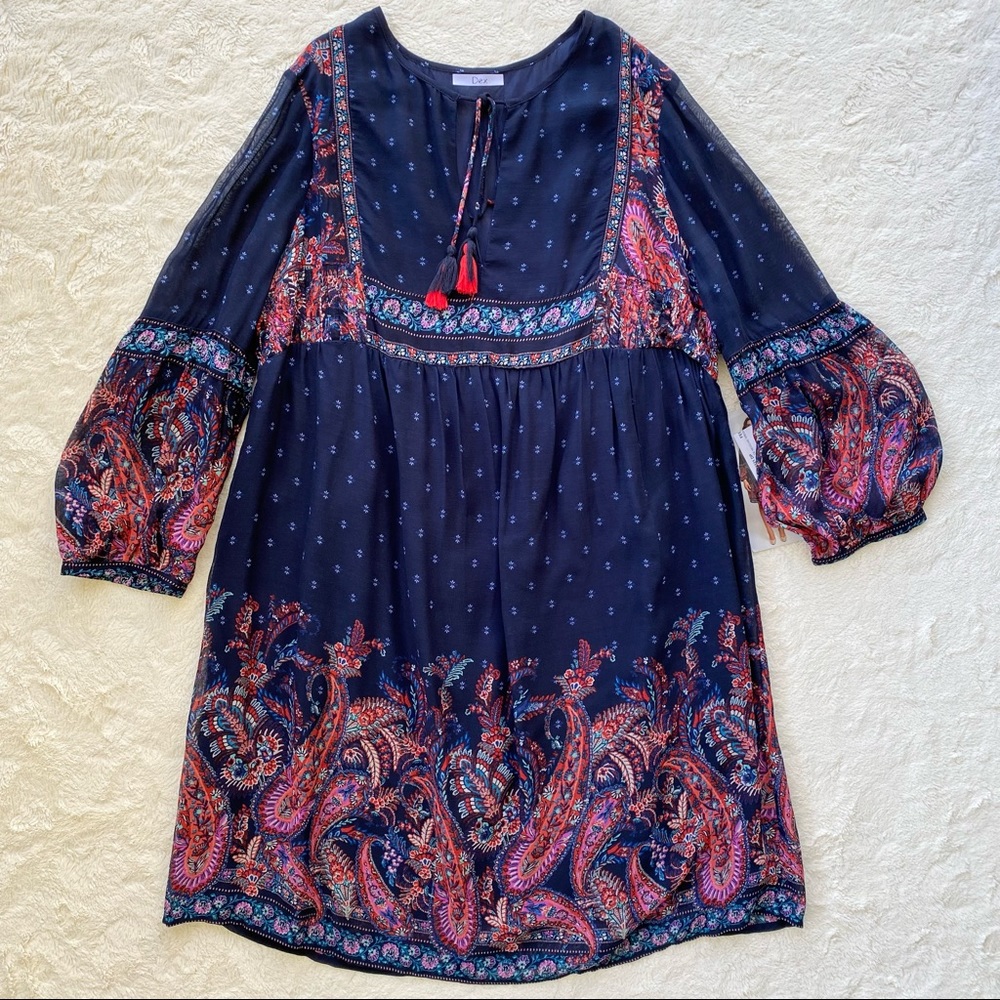 BNWT Dex navy blue paisley tassel boho dress tie neckline